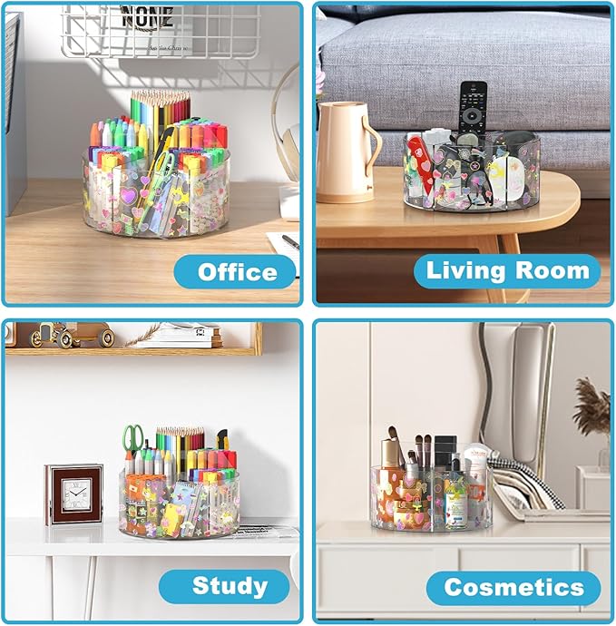 Acrylic Pen Holder with 2 Adhesive DIY Stickers, Desk Organizer Marker Holder with Cute Sticker, 360 Degree Office Supply Organizer Clear Pencil Holder Kid Art Supply Storage Organizer 6 Compartments-DeskLoop Office
