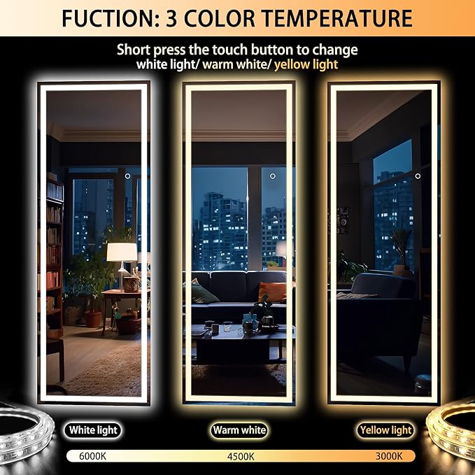 Hasipu Full Length Mirror with Lights, 67" x 24" LED Lighted Floor Standing, Full Body Dressing Hanging Mounted Mirror, Dimmable, Tempered Glass, Safe to Use, Square White-DeskLoop Office