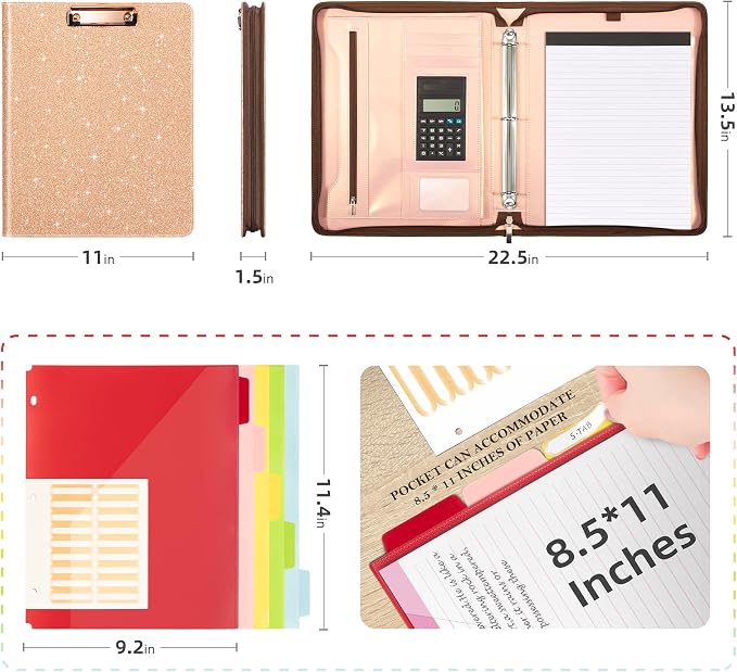 Ospelelf Clipboard with Storage, 3 Ring Binder with Zipper, Leather Padfolio - Image 2