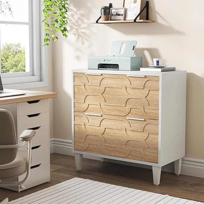 LITTLE TREE 2-Drawer File Cabinet, Lateral Filing Cabinet for A4/Letter/Legal Size, Office Storage Cabinet, Printer Stand with Storage Drawer for Home Office, Wood & White-DeskLoop Office