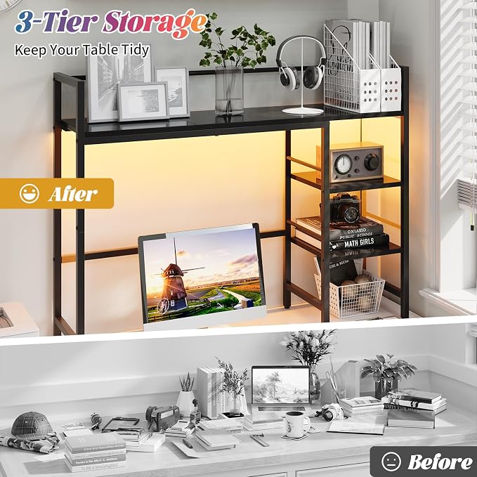 HavenlyYouth Desk Shelf with LED Light Strip, 3-Tier Storage Desktop Organizer - Image 9