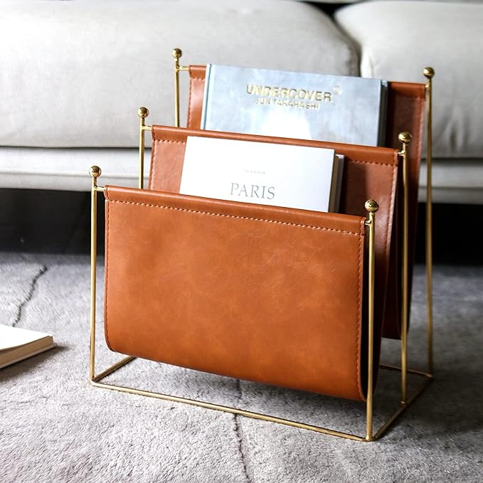 Plated Metal Wire and Leatherette Magazine Holder Rack, 2-Slot Standing Rack for Magazines, Books, Newspapers, Home Staging Decoration-DeskLoop Office