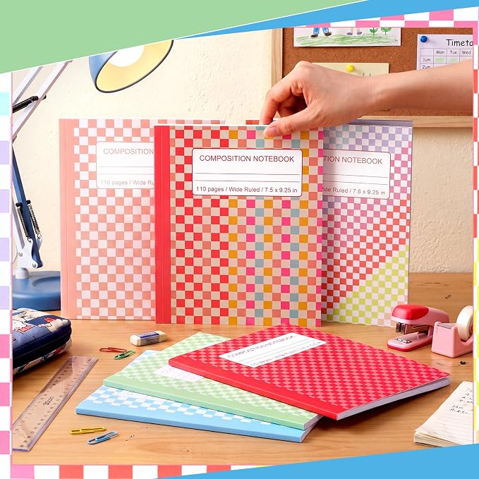 Fullhawl 6 Pcs Composition Notebook Wide Ruled Cute Preppy Colorful Checkered - Image 6