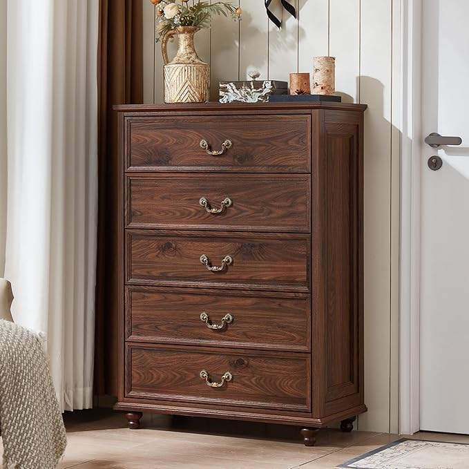 Farmhouse 5 Drawer Dresser for Bedroom, 45" Tall Rustic Chests of Drawers w/ 4 Solid Wood Feet, Mid Century Modern Wooden Closet Storage Dressers Organizer for Living Room, Hallway, Brown-DeskLoop Office