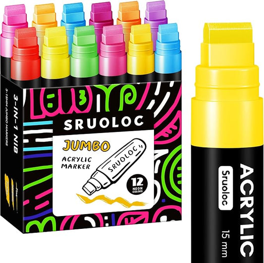 SRUOLOC 12 Neon Colors Jumbo Markers, 15mm Jumbo Felt Tip, Acrylic Paint Markers by Sruoloc