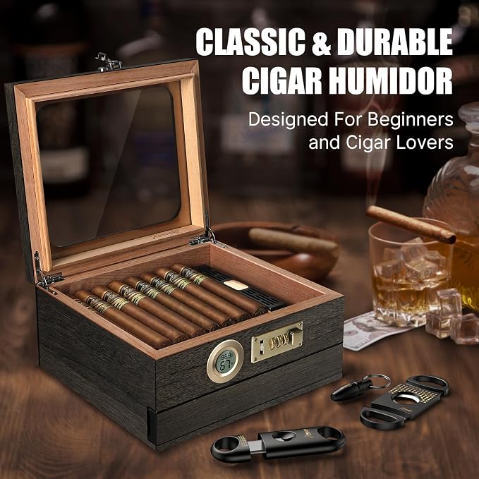 Tesonway Cigar Humidor, Cedar Wood Humidor Cigar Box, Glass Top Desktop Humidor - Image 8