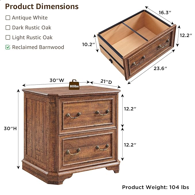 T4TREAM 2 Drawer File Cabinet-30 Wide Wooden Extended Desktop, Farmhouse Filing Cabinet with Smooth Rails, Holds Letter/Legal/A4, Hexagonal Design & Framed Drawer Fronts, Reclaimed Barnwood-DeskLoop Office