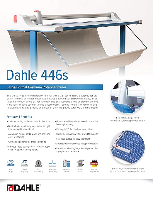 Dahle 446s Premium Rotary Trimmer w/Stand, 36" Cut Length, 25 Sheet Capacity, Self-Sharpening, Automatic Clamp, German Engineered Paper Cutter-DeskLoop Office