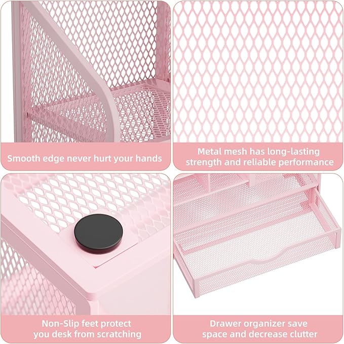Marbrasse Mesh Desk Organizer with Drawer, Multi-Functional Pencil Organizer, 12 Compartments, Pink, Modern, Minimalist-DeskLoop Office