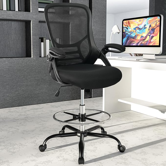 HYLONE Drafting Chair Tall Office Chair High-Back Mesh Standing Desk Stool with Adjustable Footrest Ring and Flip-Up Arms (Black)-DeskLoop Office