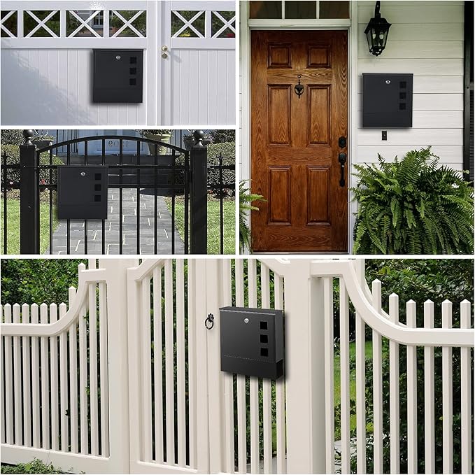 KYODOLED Locking Mailbox Wall Mount, Locked Mail Boxes, Mailbox with Key Lock for Outside, Large Capacity Drop Box for Newspapers, 13 x 3.4 x 11.8 Inch, Black-DeskLoop Office