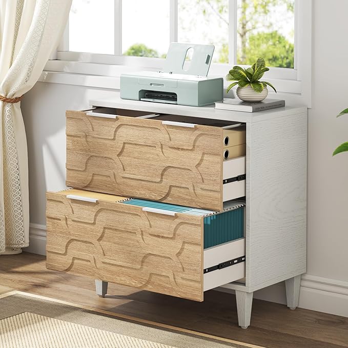 LITTLE TREE 2-Drawer File Cabinet, Lateral Filing Cabinet for A4/Letter/Legal Size, Office Storage Cabinet, Printer Stand with Storage Drawer for Home Office, Wood & White-DeskLoop Office