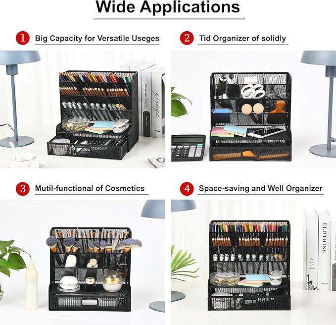 Marbrasse Mesh Pen Holder for Desk, Multi-Functional Pencil Organizer with Drawer, Desk Organizers and Accessories for Office Art Supplies (Large Black)-DeskLoop Office