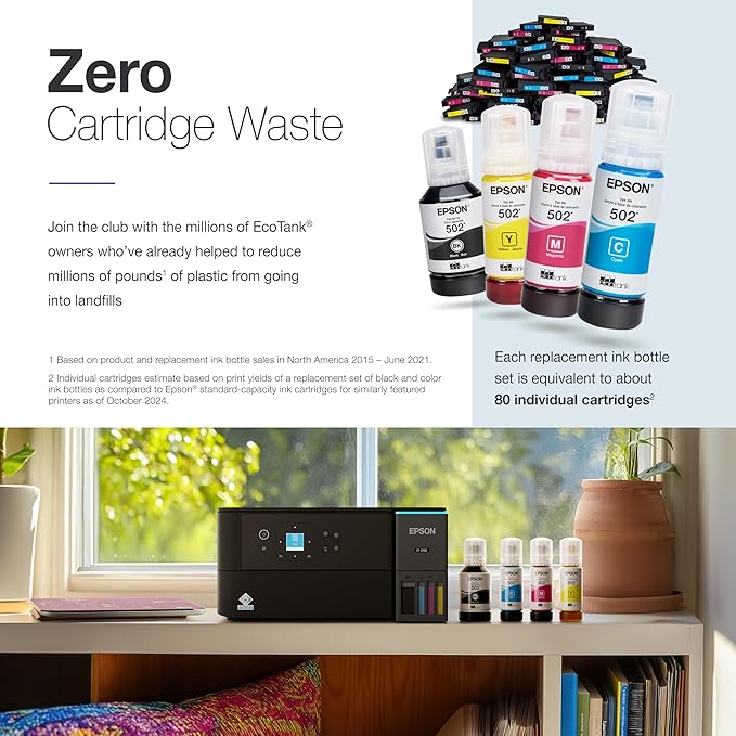 Epson EcoTank ET-2980 Wireless All-in-One Color Supertank Printer with up to 3 Years of Ink, Refillable Tanks, Perfect for Home, 15 PPM, 1.44" Color Screen, Auto 2-Sided Printing - Black-DeskLoop Office