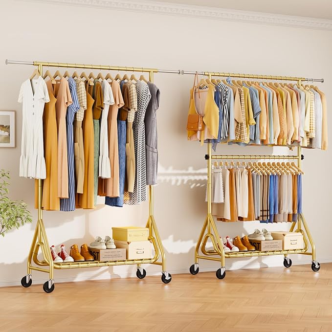 Double Rods Clothing Rack, Heavy Duty Clothes Rack for Hanging Clothes Load 560LBS, Metal Rolling Garment Racks with Wheels, Freestanding Clothes Hanging Racks, Gold-DeskLoop Office