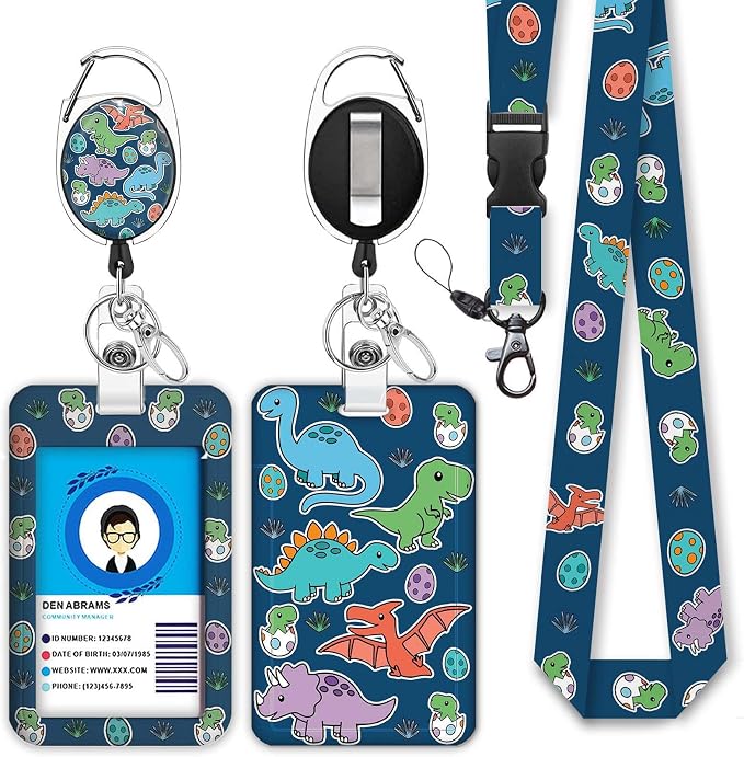 Cute Dinosaur Lanyards for Id Badges, Retractable ID Badge Holder by Giancomics