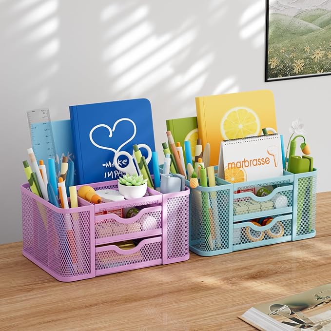 Marbrasse Mesh Desk Organizer, Pen Holder with 2 Drawer, Multi-Functional Pencil Holder, Desk Organizers and Accessories with 5 Compartments + Drawer for Office Art Supplies (Purple)-DeskLoop Office