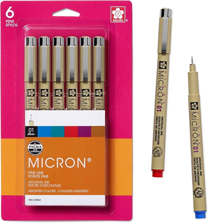 SAKURA Pigma Micron Fineliner Pens - Archival Black & Colored Ink Pens - For Writing, Drawing, or Journaling - Black & Assorted Colored Ink - 01 Point Size - 6 Pack-DeskLoop Office