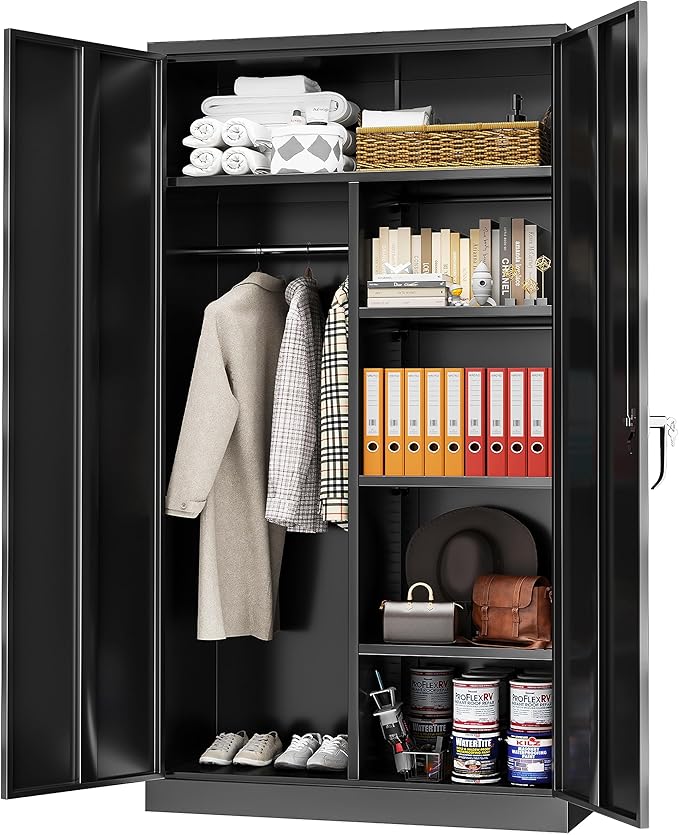 Greenvelly Metal Storage Cabinet with Lock Door,72" Locking Steel Storage Wardrobe Cabinet,Employees Locker Closet Clothing Coat Steel Wardrobe Cabinet with Hanging Rod for Garage,Home Office,Gym-DeskLoop Office