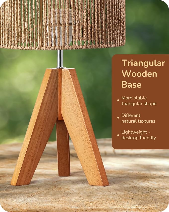 EDISHINE Small Rattan Table Lamp, Wood Tripod Bedside Lamp, Boho Nightstand Lamp - Image 3