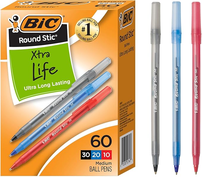 BIC Round Stic Xtra Life Assorted Ink Ballpoint Pens, Medium Point, 60-Count by BIC