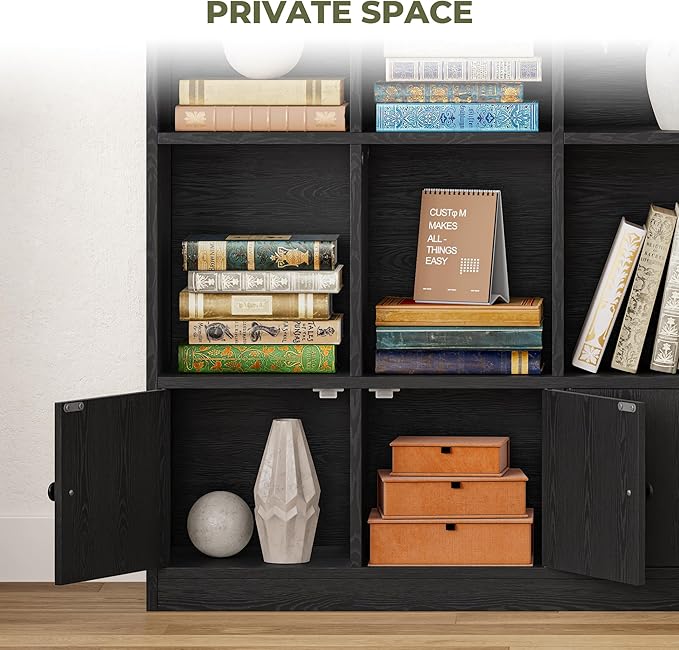 IRONCK Bookshelves and Bookcase, 6 Tiers Large Bookshelf with 4 Doors, Floor Standing Tall Display Storage Shelves for Home Office, Living Room, Bedroom, Black-DeskLoop Office