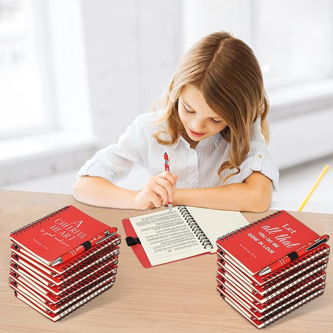 Christian Prayer Journal Spiral Red Notebooks Bulk with Pens- Small Notepads (4.13”x5.43”) - inspirational gifts for women, Church Members & Bible Study Groups (30 Sets Red)-DeskLoop Office