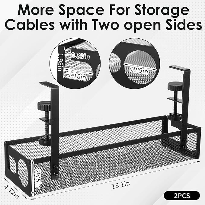 2 Pack Under Desk Cable Management Tray, 15 Inch No Drill Metal Mesh Organizer - Image 2
