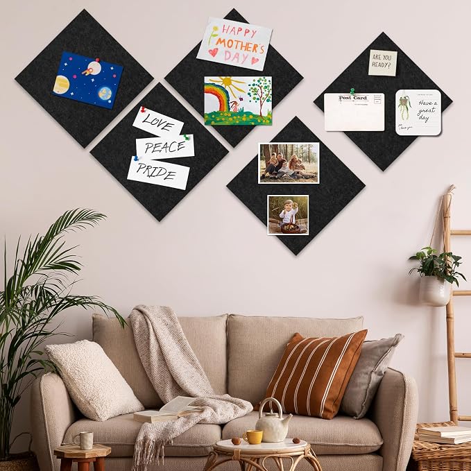 Bouiexye Felt Cork Board Tiles 6 Pack Black Bulletin Boards 12"x12" - Image 6