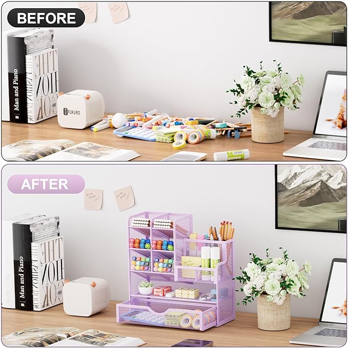 Marbrasse Mesh Pen Holder for Desk, Multi-Functional Pencil Organizer with Drawer, Desk Organizers and Accessories for Office Art Supplies (Purple)-DeskLoop Office