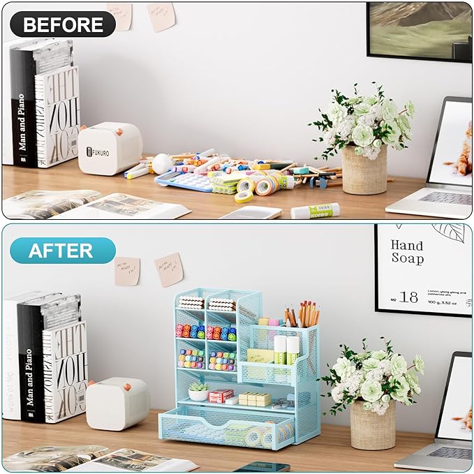 Marbrasse Mesh Pen Holder for Desk, Multi-Functional Pencil Organizer with Drawer, Desk Organizers and Accessories for Office Art Supplies (Blue)-DeskLoop Office