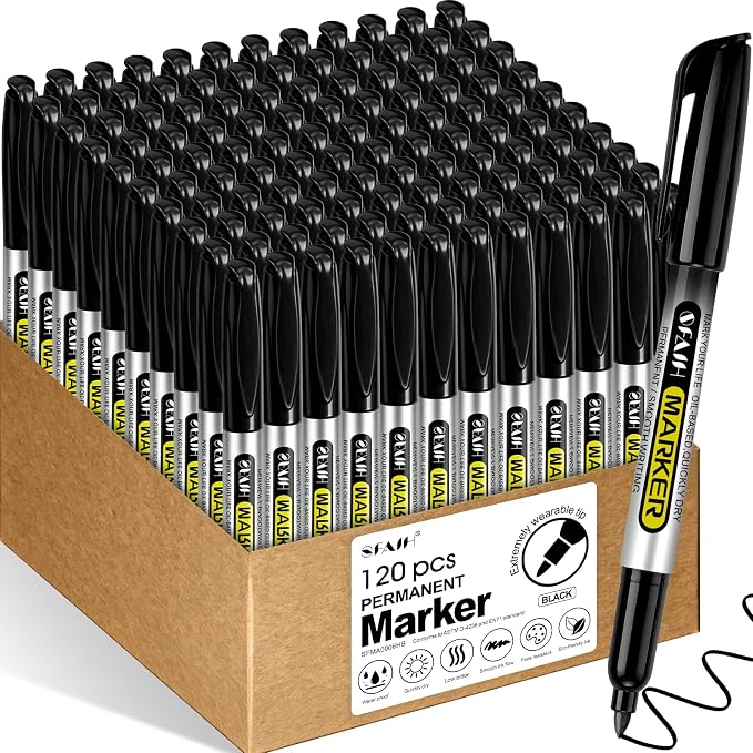 SFAIH 120 Black Permanent Markers Bulk -1s Quick Drying, Fine Point Markers by SFAIH