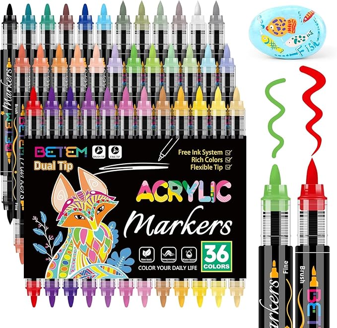 Acrylic Paint Markers Paint Pens, 36 Colors Dual Tip Direct Liquid Acrylic Markers with Automatic Ink Control System, Fine & Brush Tip Art Supplies for Rock Painting, Wood, Stone, Fabrics, DIY Craft-DeskLoop Office