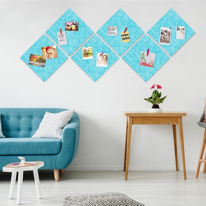 AKTOP Cork Bulletin Board 12x12, 1/2" Thick Felt Cork Board Tiles 12 Pack, Small Square Pin Board for Wall, Self Adhesive Corkboards with 120 Push Pin Wood Clips for School, Home & Office, Baby Blue-DeskLoop Office