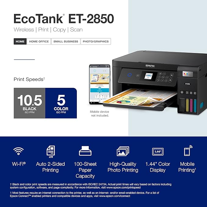 Epson EcoTank ET-2850 Wireless Color All-in-One Cartridge-Free Supertank Printer with Scan, Copy and Auto 2-Sided Printing - Black, Medium-DeskLoop Office