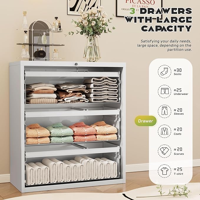 Superday Lateral File Cabinet 3 Drawer Metal File Cabinet with Lock, White Filing Cabinets for Home Office, Locking Filing Cabinets Hanging Files Letter/Legal/F4/A4-DeskLoop Office