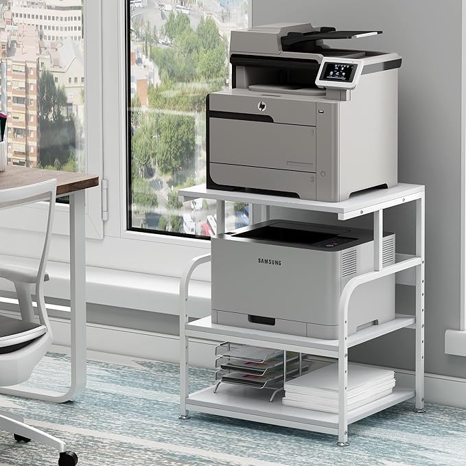 White Printer Stand, 23.6 x18.9 x 30 Inches Big Size Printer Table with Adjustable Shelf, 3 Tier Rolling Printer Cart with Wheels for Home Office Storage and Organization-DeskLoop Office