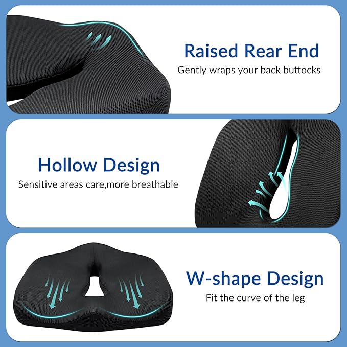 Ergonomic Memory Foam Seat Cushion for Office Chair, Extra Large Pad with U-Shaped Design for Pressure Relief, Coccyx Sciatica & Back Pain Relief, for Home, Car Long Sitting (Black/Gray)-DeskLoop Office