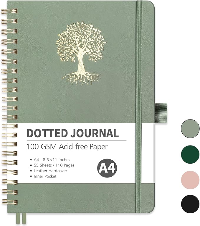RETTACY Bullet Dotted Journal Notebook, 110 Pages, A4 Large Size (8.5" × 11"), Leather Hardcover, 100 GSM Thick Paper, Spiral-bound, for Bullet Journaling, Planning, Tracking (Light Green)-DeskLoop Office
