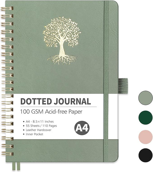 RETTACY Bullet Dotted Journal Notebook, 110 Pages, A4 Large Size (8.5" × 11"), Leather Hardcover, 100 GSM Thick Paper, Spiral-bound, for Bullet Journaling, Planning, Tracking (Light Green)-DeskLoop Office