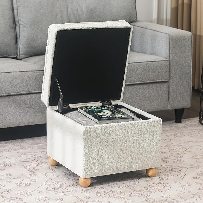 Adeco 17 Inch High Faux Fur White Cube Ottoman Storage, 3D Embossed Velvet Chair Foot Stools, Upholstered Vanity Stool with Hinged Lid, Solid Round Wood Legs-DeskLoop Office