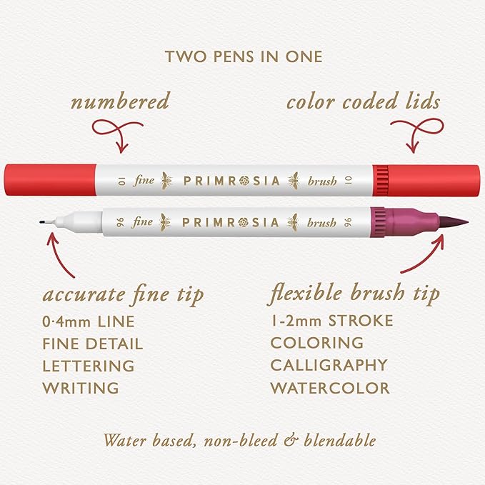 Primrosia 12 Dual Tip Watercolor Marker Pens - Fine Tip & Brush Tips, Professional Quality, 4 x Sticker Sheets, Blendable, Non-Toxic, Perfect for Calligraphy, Drawing & Coloring. (Woodlands)-DeskLoop Office