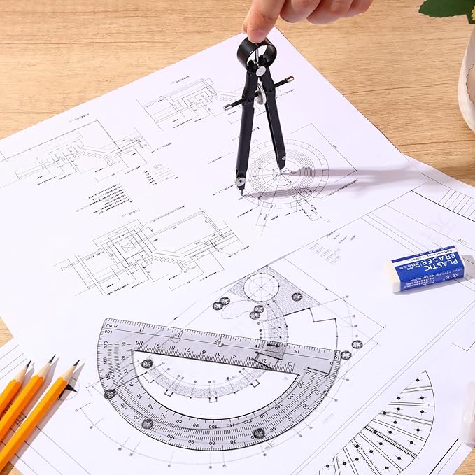 EBOOT Student Geometry Math Set, Drawing Compass and 6 Inch Clear Swing Arm Protractors 180 Degree Math Protractor (Black and Black)-DeskLoop Office