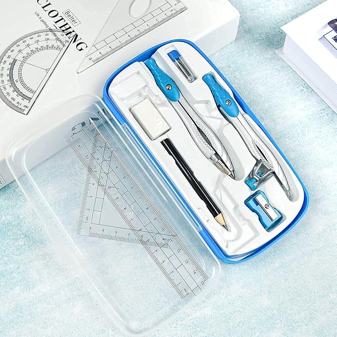 Lifreer Geometry Set,10 Pcs Protractor and Compass Set, Math and Ruler Set for Students, Class Supplies, and School - Essential Compass Geometry Tools for Precision and Quality (Blue)-DeskLoop Office
