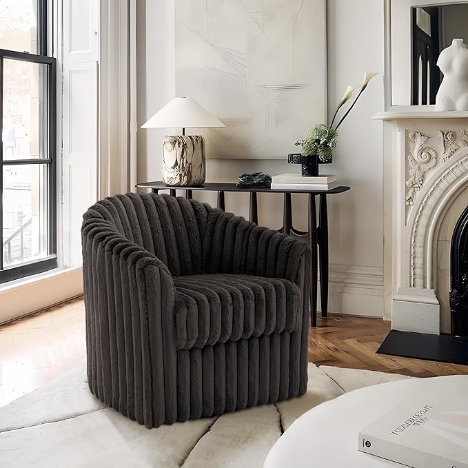UIXE Faux Fur Swivel Accent Chair, Modern Upholstered Armchair Barrel Club Chair for Living Room, Chocolate-DeskLoop Office