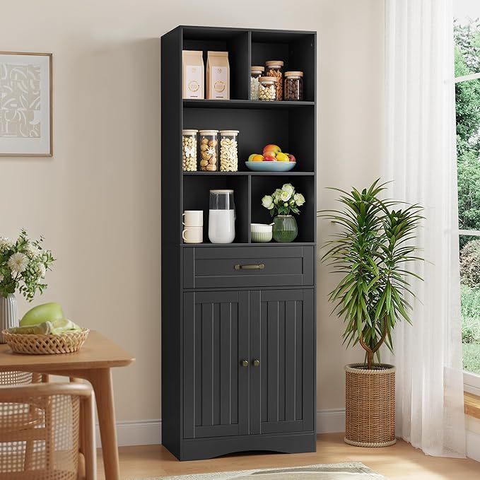 Gizoon 71'' Tall Storage Cabinet, Kitchen Pantry Cabinet with Doors & Drawers, Wooden Storage Organizer for Living Room, Office, Kitchen, with Adjustable Shelves, Anti-tip, Metal Handle, Black-DeskLoop Office