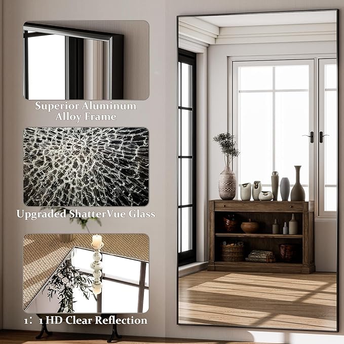 GLSLAND 71"x31" Full Length Mirror Extra Large Hanging or Leaning Rectangle Mirror Aluminum Alloy Thin Frame Bedroom Floor Dressing,Black-DeskLoop Office