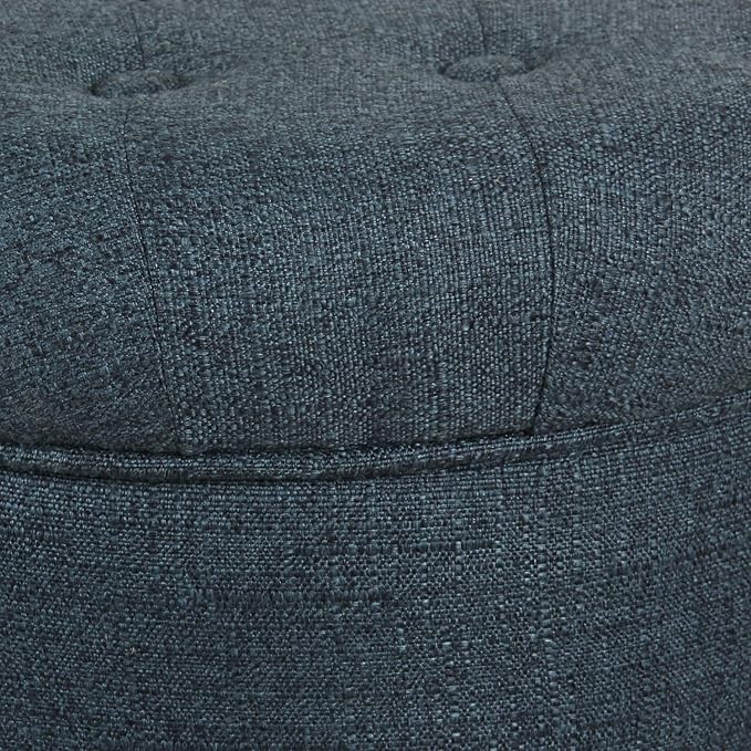 HomePop by Kinfine Fabric Upholstered Round Storage Ottoman - Velvet Button Tufted Ottoman with Removable Lid, Indigo Blue Woven-DeskLoop Office