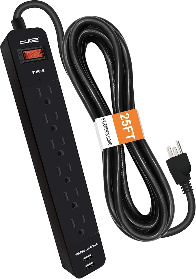 Digital Energy 6-Outlet + 2 USB 1050 Joule Surge Protector Power Strip with 25-Ft Long Extension Cord, Black, UL Listed-DeskLoop Office