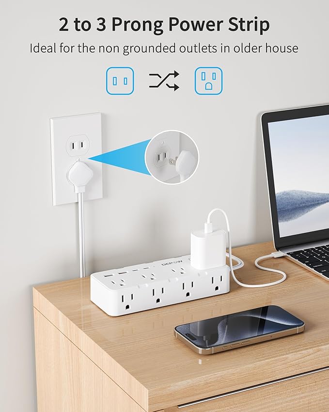 2 Prong Power Strip, 2 to 3 Prong Outlet Adapter with 8 AC & 4 USB Ports (2 USB C), 5FT Extension Cord, 1700J Two Prong Surge Protector, Wall Mountable, Ideal for Old House Non-Grounded Outlets-DeskLoop Office